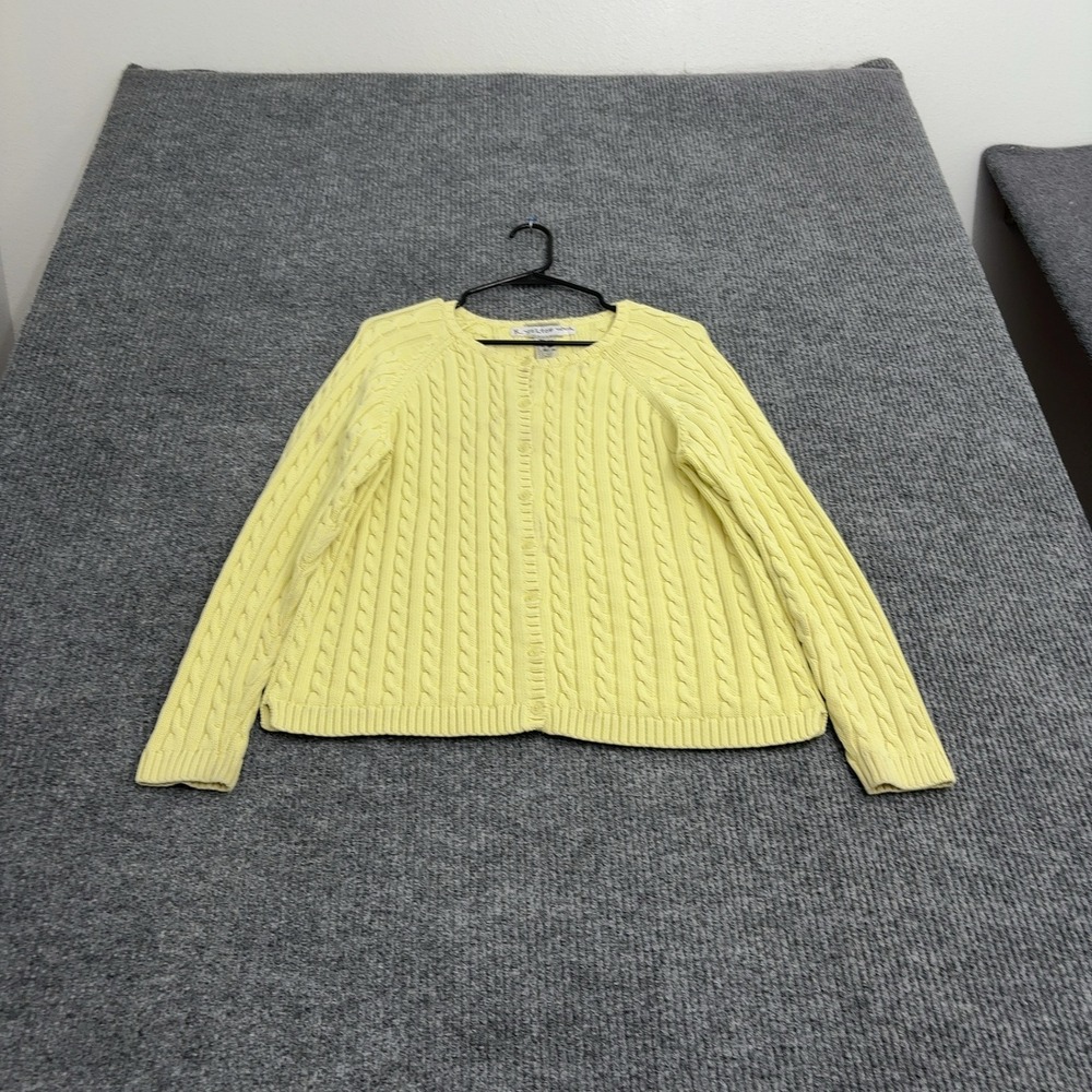 LL Bean Cardigan Womens XL Yellow Cotton Cable Knit Button Up Casual Classic